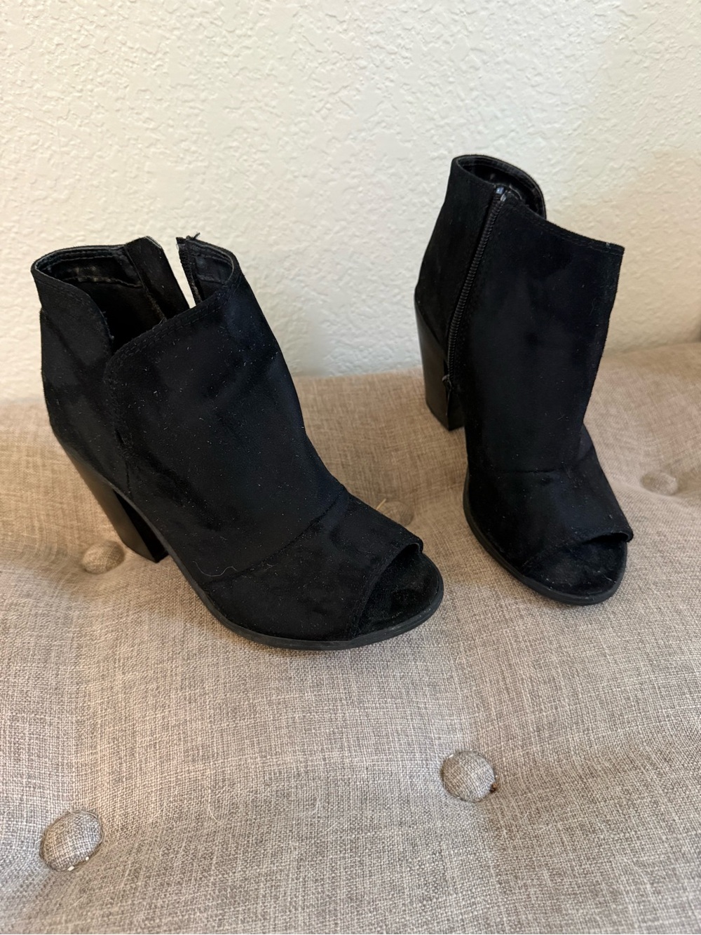 Soda Black Open-Toe Suede Ankle Booties